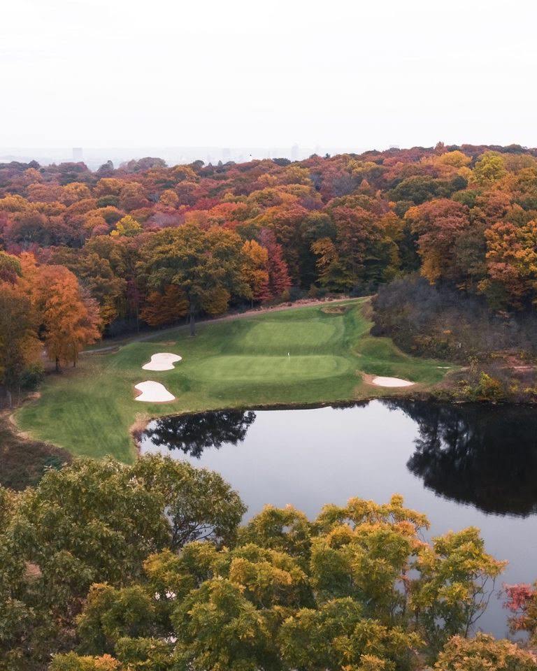Aerial view of the ninth hole at Yale Golf Course